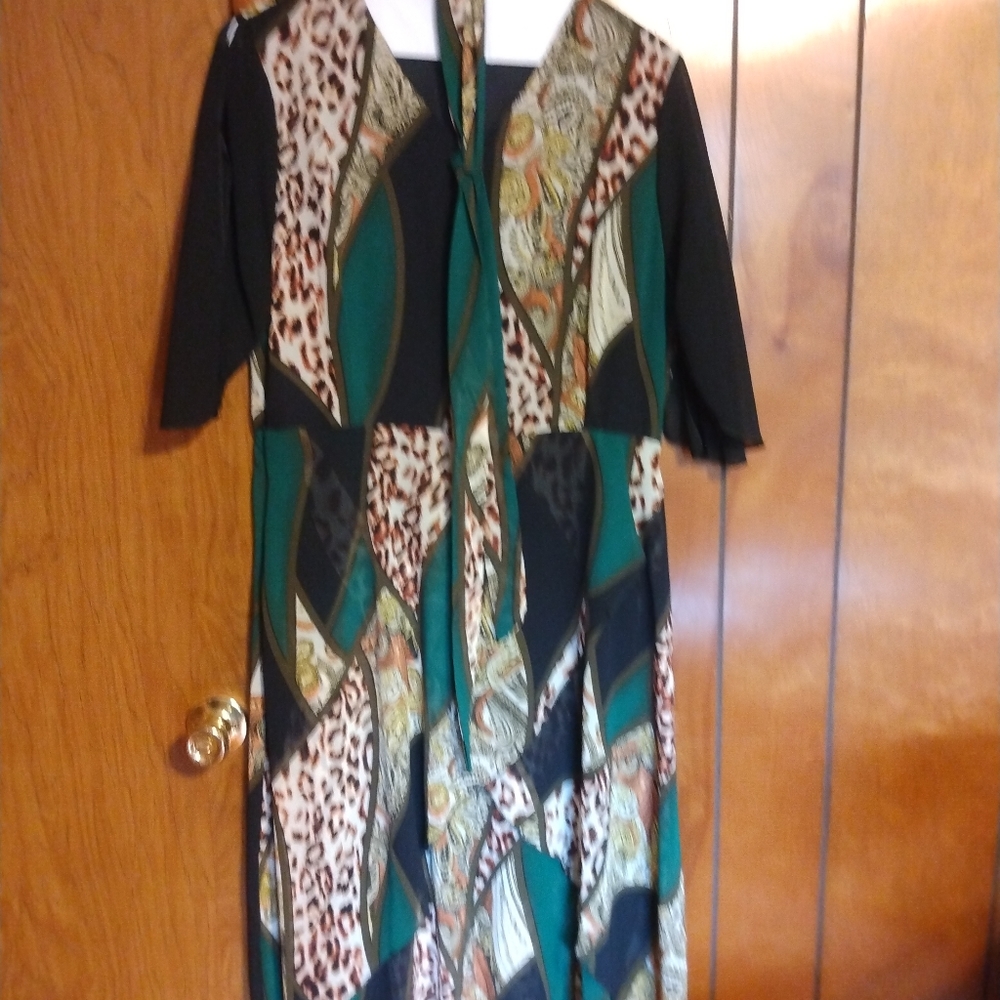 Blue, green, gold print dress size large